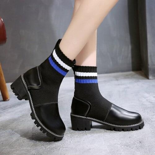 Patchwork ankle boots with sock thick heel platform winter boots women mixed color short botines mujer 2020 leather boots s375