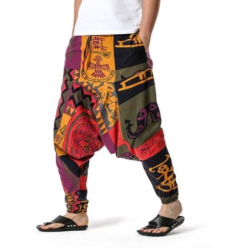 Baggy Linen Harem Pants Men Hip Hop Streetwear African Clothes Men African Print Wide Leg Trousers Casual Vintage Long Pants 3XL
