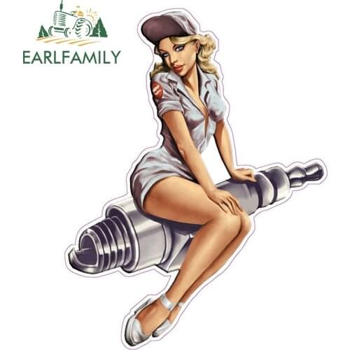 EARLFAMILY 13cm x 10cm Spark Plug Pin Up Girl Decal Sexy Cartoon Graphical Funny Car Stickers Motorcycle Car Decal Accessories