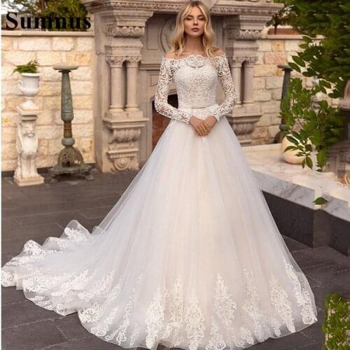 Sumnus Elegant Country Wedding Dresses 2021 Lace Appliques A Line Long Sleeve Bridal Gowns Off Shoulder Vestido De Fiesta De Bod