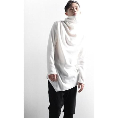 New solid color pile neck loose and irregular casual long sleeve T-shirt backing shirt personality trendy mens top