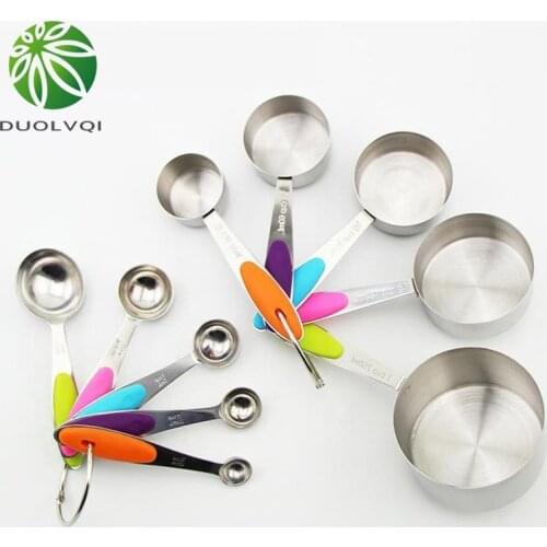 Duolvqi 10pcs/Lot Durable Kitchen Cooking Baking Measuring Cups And Spoons Stainless Steel Measuring Tools With Silicone Handle