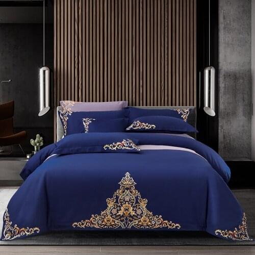 Luxury Blue 600TC Egyptian Cotton Gold Embroidery Bedding Set Queen King Size Duvet Cover Bed Sheet Pillowcases Home Textiles