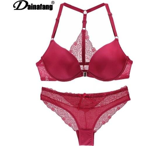 DaiNaFang Brand Sexy Halter Deep V Push Up Bra Set Solid Smooth Bow Decorative Lingerie Women Underwear 3/4 Cup Thick Bralette
