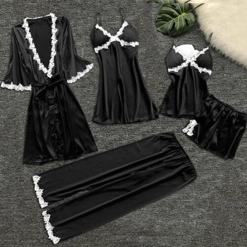 CALOFE Women Pajamas 5 Pieces Set Silk Satin Solid Pyjama Sets Sexy Pajamas with Pad Lace Night Suits Sleepwear Home Clothes