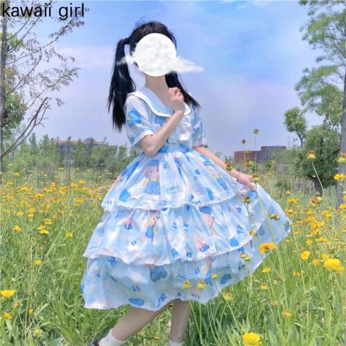 Sweet Cute Girl Lolita Dress Women Spring New Navy Collar Cartoon Print Op Short Sleeve Dress Cosplay Princess Tea Party Dresses