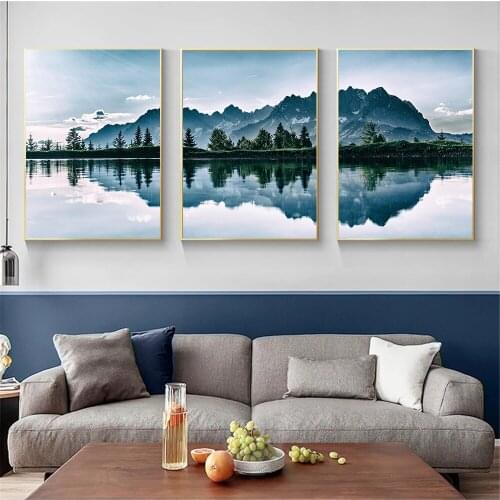 Nordic Mountain Lake Reflection Wall Art Poster Tree Plant Art Print Natural Landscape Canvas Painting Modern Picture Home Decor