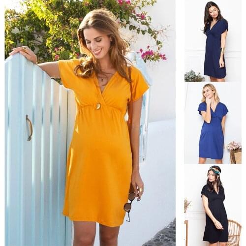 2020 new Breastfeeding clothes Maternity Dresses Deep V-neck Short Sleeve Nursing Dresses maternity gown pregnancy dress Q0603