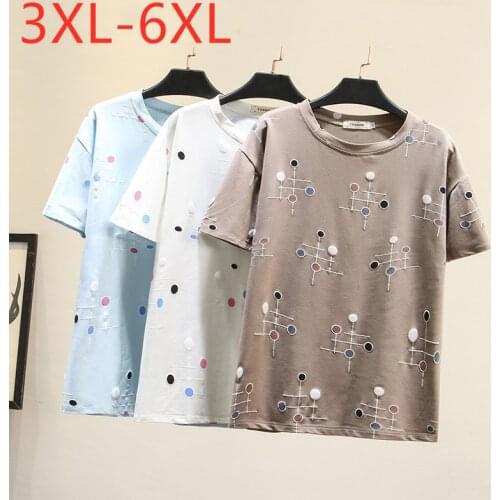 New 2021 Ladies Summer Plus Size Tops For Women Large Short Sleeve Loose Cotton Print Khaki Blue O-neck T-shirt 3XL 4XL 5XL 6XL