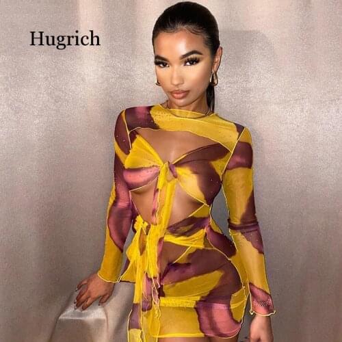 2021 Spring Long Sleeve New Womens Sexy Hollow Out See Through Slim Fashion Print Night Club Dress