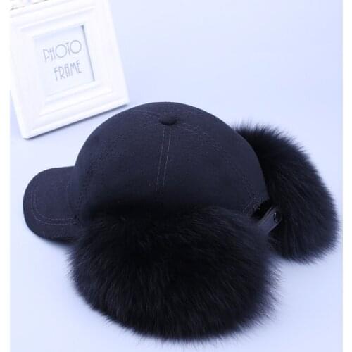 Fashion New 2020 Genuine Real Fox Fur Raccoon Fur Trim Cashmere Wool Blend Baseball Caps Winter Bomber Hats Earmuffs Cap