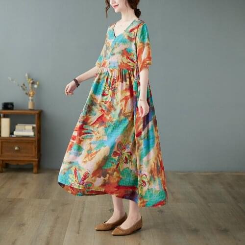 Plu Size Summer Dresses For Woman One-Piece Cotton Linen Boho Beach Long Casual Dress Elegant Floral Printing Sundress Oversize