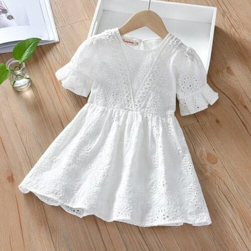 Girls Casual Dress Weddings White Flower Girls Dresses Summer Short Sleeve Kids Dresses Children Clothing Hollow Princess Dress