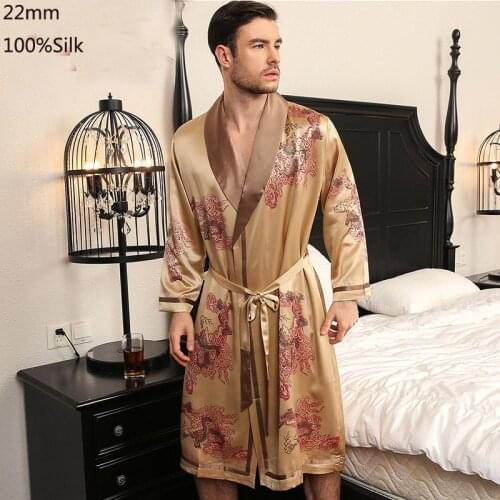 22MM100% Silk Robes Men Silk Robes For Women Lounge Noble 100% real silk robes men simple Long sleeve Sleepwear male home robes