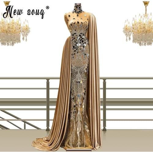 Champagne Crystal Rhinestone Mermaid Evening Dresses 2021 With Long Cape Luxury Beaded Dubai Long Prom Gowns Modest Party Dress