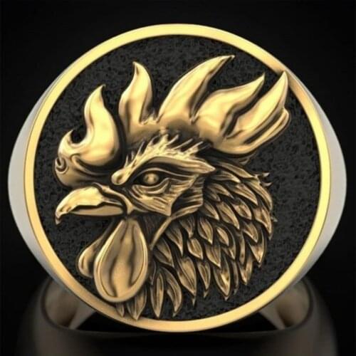 Domineering Cock Head Mens Ring Gold Color Vintage Design Finger Band Plate Cover Engraved Pattern For Male Birthday Gifts
