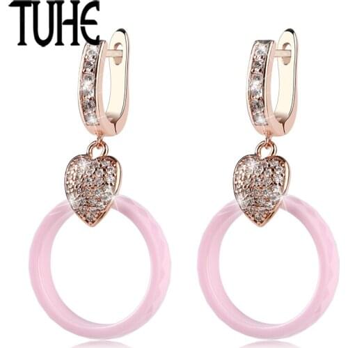 Romantic Pink Ceramic Circle Drop Earrings With Rose Gold And Silver Love Heart Rhinestone For Women Fashion Jewelry Earrings