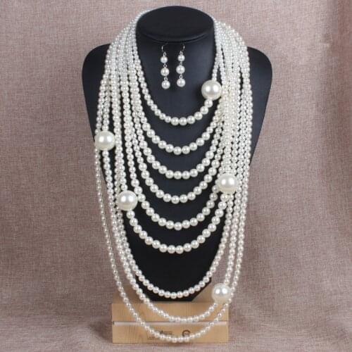 2020 Classic Multi Layer Pearls Jewelry Sets Classic Imitation Wedding Jewelry Set Long Pearl Necklace Costume Earrings Women