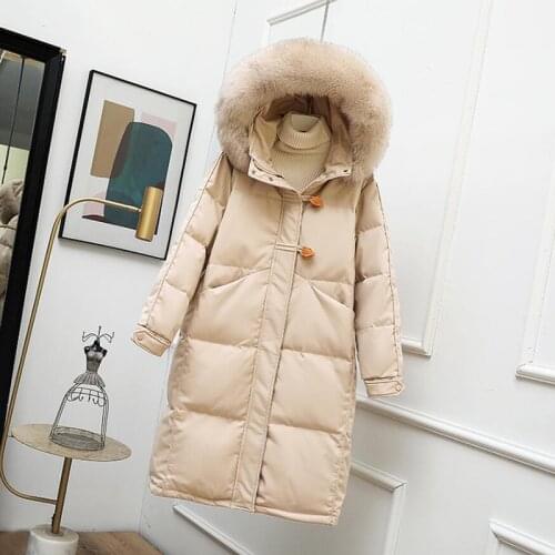 Large Natural Raccoon Fur Women Down Coat Winter Thick 90% White Duck Down Parka Female Hooded Long Parka Loose Outerwear