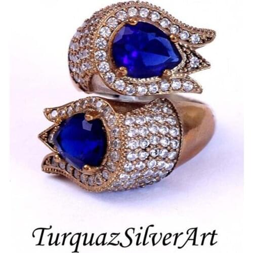Handmade Woman Dark Blue Tulip Zircon Gemstone Ring, Ottoman-Antique-Ancient Type Woman 925 Silver Ring