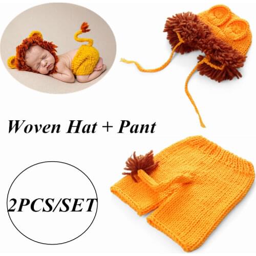 2pcs/Set SoftNewborn Baby Photography Props Cute Pattern Handmade Crochet Knit Lion Suit Pants Hat Set