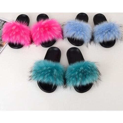 Free Shipping Women Shoes Furry Slides Racoon Big Fur Slides Wholesale Cheap Fur Slippers For Woman Fast Shipping