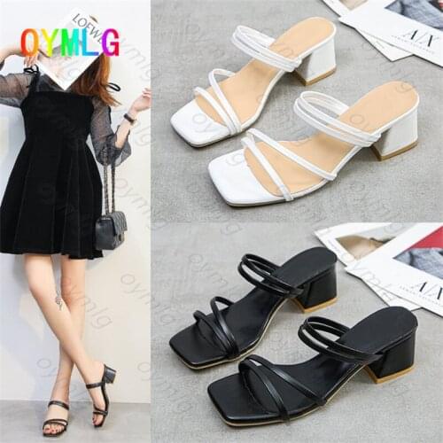 Thin strap sandals fairy style 2021 new mid-heel sandals and slippers, outer wear thick with one word and two wear female sandal