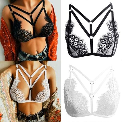 Erotic Women Bralette Stretchy Sheer Floral Lace Strappy Bandage Hollow Out Eyelash Trim Exposed Bustier