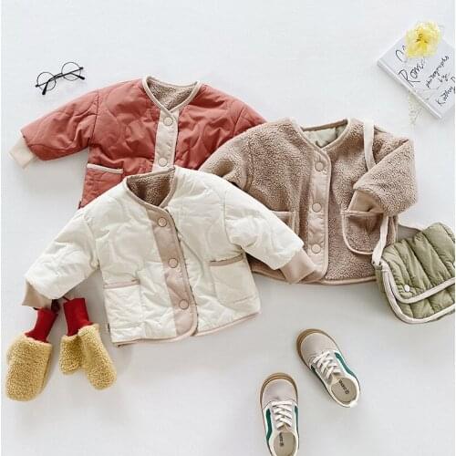 Childrens Foreign Style Cotton-padded Clothes Baby Girls Boys Down Double-sided Wear Plus Velvet Jackets Korean Autumn Winter