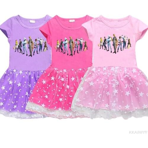 Fortnites New Girl Princess cotton Dress Cartoon Cartoon 3D Star Moon Gauze Hem Short Sleeve Childrens dress ball gown