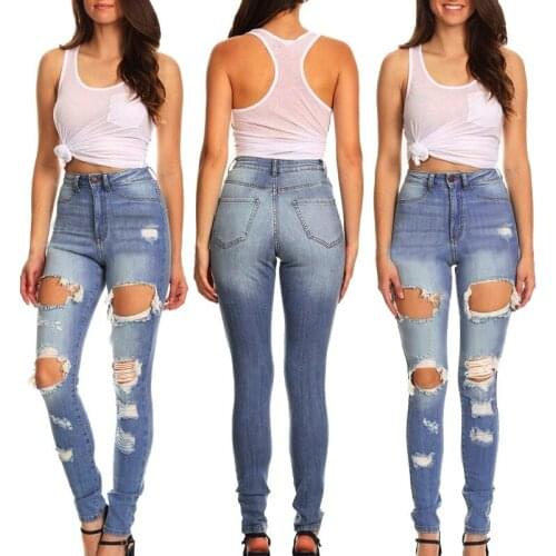 Europe And America Buttock Lifting with Holes Jeans Womens Pants Washing womens clothing street style ripped jeans for women