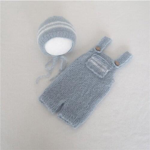 Flluffy newborn hooded romper bonnet set light blue hat and pants set handmade knitted baby overall outfit photography props