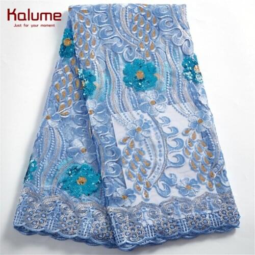Kalume Sky Blue French Milk Silk Lace Fabric Big Sequins African Tulle Lace Fabric Red Nigerian Lace Fabric Wedding Dress F2427