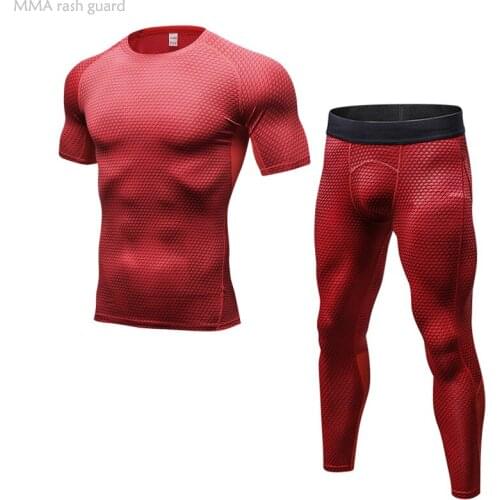 MMA Short T-shirt Compression Men Leggings 2-piece Gym Training kit Leggings Sport Fitness Bodybuilding Tracksuit Men Summer