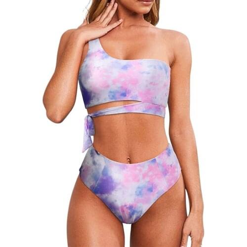 One Shoulder Bikini Tie Dye Set Swimwear High Waisted 2022 Sexy Bandage Swimsuit Women Beach Wear Vintage Bathing Suits Female