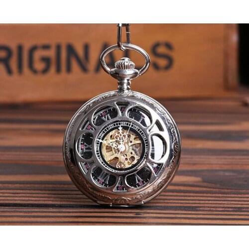 Mechanical pocket watch silver Hollow petals Brown Roman numerals FOB chain men watches gift