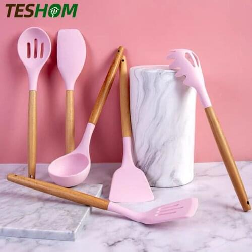 1PC Pink Kitchen Silicone Cooking Tools Premium Wooden Handle Cooking Utensils Set Turner Tongs Spatula Soup Spoon Accessories