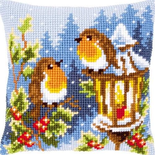 DIY Cross Stitch Cushion Cover Tits in Snow Needlepoint Kits Printed Canvas Chunky Yarn Cross-stitch Pillow Case Arts & Crafts
