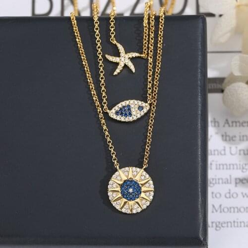 New Tropical Ocean Style Three Layer Necklace Fish Starfish Necklace Lady Lucky Eye Round Holiday Summer Beach Jewelry Zk30