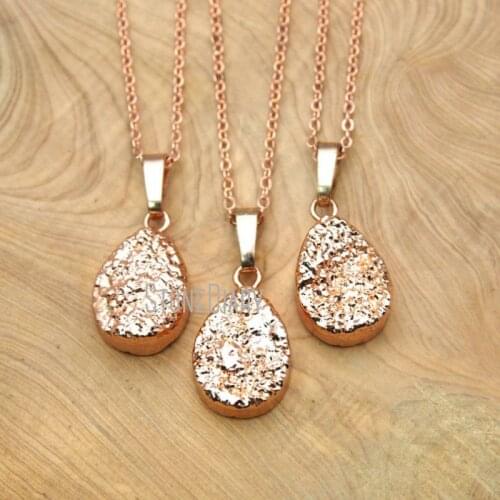 10Pcs Electroplating Rose Gold Pear Shape Chains Necklaces Druzy Crystal Chains Necklaces For Sale 18inch NM15760