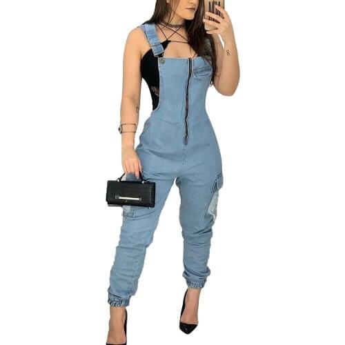 Sexy Backless Work Fashion Denim Female Slim Fit Comfortable Zipper Frayed Pocket Suspenders Trousers