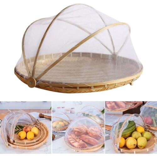 Bamboo Hand Woven Bug Proof Storage Basket Food Fruit Vegetable Bread Container Net Mesh Cover Dustpan Kithen Outdoor Picnic