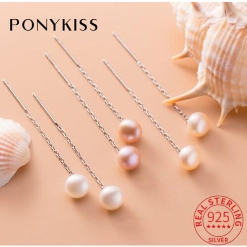 PONYKISS Trendy 100% 925 Sterling Silver Long Dangle Pearl Drop Earrings For Women Party Delicate Jewelry Accessory Chic Gift