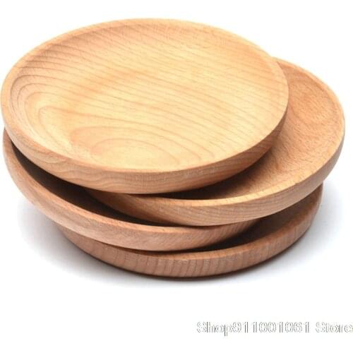 Round Solid Wood Plate Whole Acacia Wood Fruit Dishes Wooden Saucer Tea Tray Dessert Dinner Breakfast Plate Tableware Set