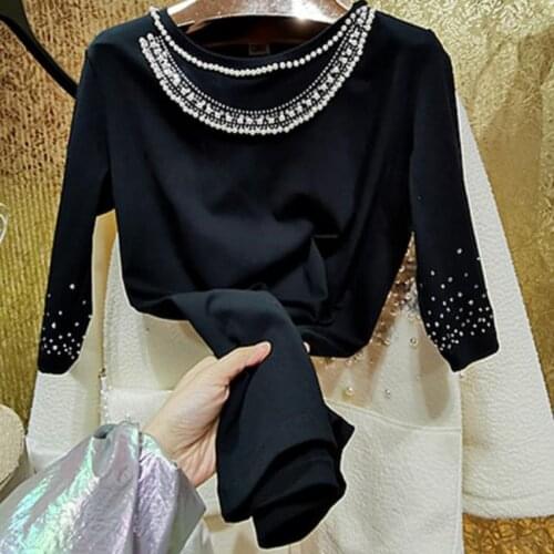 Heavy work fashion beading Rhinestone black cotton t-shirt women o-neck half sleeve elastic top tees
