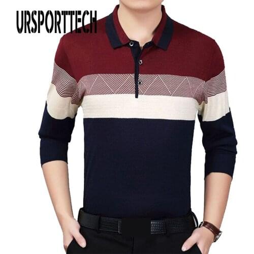 URSPORTTECH Brand Mens Polo Shirt Male Lapel Long Sleeve Patchwork Business Shirts Spring Autumn Thin Polo Shirt Base Shirt Men