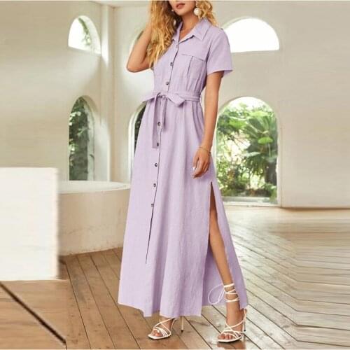 Womens blouse with waist slit elegant lapel collar button long Banquet dress new summer solid color short-sleeved pocket slit A