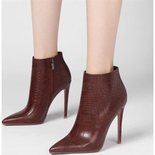 Crocodile Print Leather Pointed Toe Ankle Boots Women Side Zip High Heel Booty Big Size 43