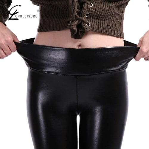 CHRLEISURE S-5XL Fashion Plus Size Leather Leggings Women Pants High Waist Legging Black PU Leather Leggins Trousers Women
