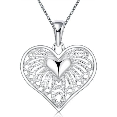 Exquisite Hot Sale Double Heart Hollow Design Pendant Silevr Necklace For Woman Girls Best Valentines Day Gift